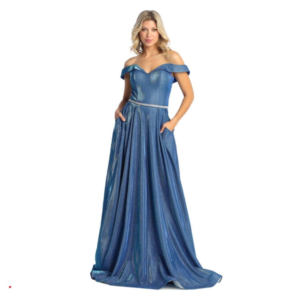Gold Pageant Off The Shoulder Sleeveless A-Line Dress By May Queen MQ1876
